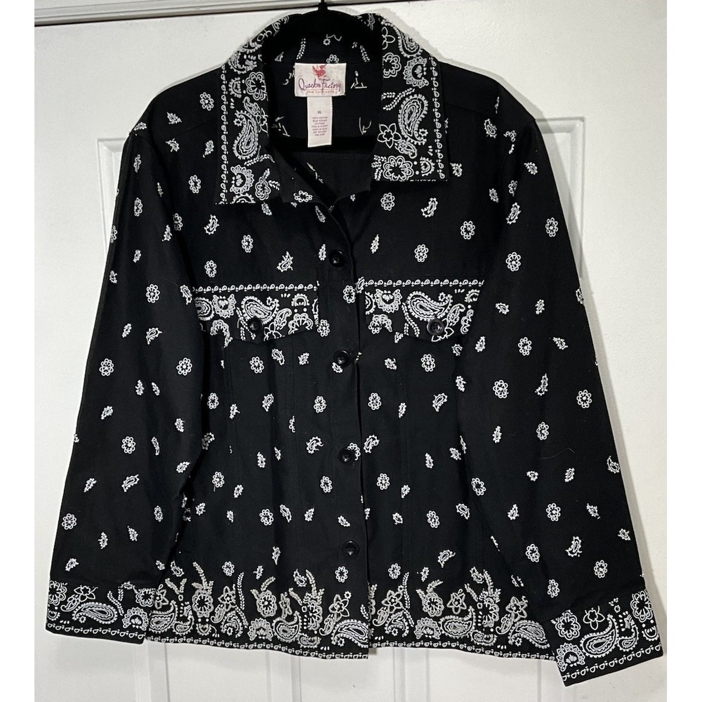 The Quacker Factory Black/White Paisley Collared Embroidered Button-Up Blazer XL
